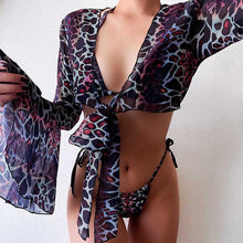 Load image into Gallery viewer, Dark Leopard Print Triangle String Bikini Bathing Suit and Smock Coverup