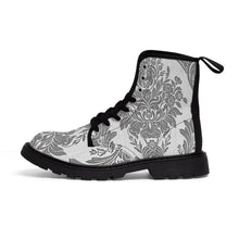 Load image into Gallery viewer, Womens Grey Damask Flower Canvas Boots, Sizes 6.5-11, Boho Chic, Combat Boots, Bohemian Boots, Ankle Boots, Casual Boots, Custom Boots