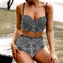 Load image into Gallery viewer, Black Lace Design High Waist Bikini Suspender Two Piece Swimsuit