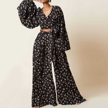 Load image into Gallery viewer, Wide Leg Loose Pants and Lantern Sleeve Lace Up Cropped Top Two Piece