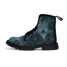 Load image into Gallery viewer, Women's Emerald Green Snakeskin Canvas Boots, Sizes 6.5-11, Boho Chic, Combat Boots, Bohemian Boots, Ankle Boots, Casual Boots, Custom Boots