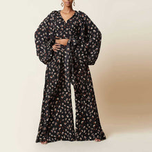 Load image into Gallery viewer, Wide Leg Loose Pants and Lantern Sleeve Lace Up Cropped Top Two Piece