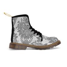 Load image into Gallery viewer, Womens Grey Damask Flower Canvas Boots, Sizes 6.5-11, Boho Chic, Combat Boots, Bohemian Boots, Ankle Boots, Casual Boots, Custom Boots