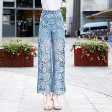 Load image into Gallery viewer, High-Waist Fashion Flare Wide-Leg Pants women's Hollow Panel Lace Stitching Denim Pants Loose Straight-Leg Jeans Trousers
