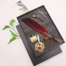 Load image into Gallery viewer, Natural Goose Feather Calligraphy Pen + Ink + Wax Seal + Holder + 5 Tips Set