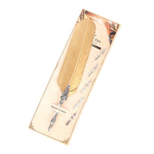 Load image into Gallery viewer, Gold White Feather Pen + Five Nibs Retro Quill Pen Gift