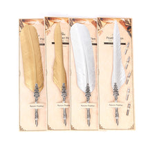 Load image into Gallery viewer, Gold White Feather Pen + Five Nibs Retro Quill Pen Gift