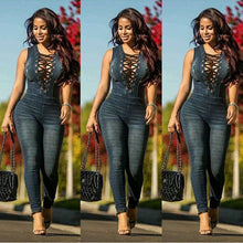 Load image into Gallery viewer, Laced Top Denim Skinny Jeans Sleeveless Jumpsuit S-3XL Dark and Light Blue Denim