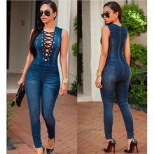 Load image into Gallery viewer, Laced Top Denim Skinny Jeans Sleeveless Jumpsuit S-3XL Dark and Light Blue Denim