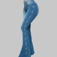 Load image into Gallery viewer, Mid Rise Stretch Flare Jeans Women Denim Pants Wide Leg Casual Style Bell Bottom 6 Color Choices in Blues Gray Blacks S-5XL