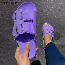 Load image into Gallery viewer, Summer European Style Casual Sandals Solid Color Canvas Buckle Belt Embellishment Denim Cork Soles Flat Slippers Women Slides Sandals Flip Flops