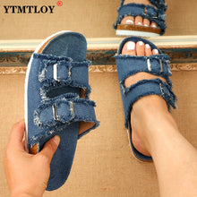 Load image into Gallery viewer, Summer European Style Casual Sandals Solid Color Canvas Buckle Belt Embellishment Denim Cork Soles Flat Slippers Women Slides Sandals Flip Flops