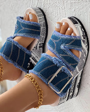 Load image into Gallery viewer, Women Shoes Summer Newspaper Buckled Denim Wedge Slippers Sandals