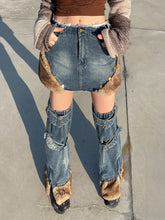 Load image into Gallery viewer, Y2K Style Distressed Denim Faux Fur Edged Mini Skirt With Matching Leg Warmer Long Socks Half Pants Outfit
