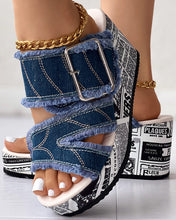 Load image into Gallery viewer, Women Shoes Summer Newspaper Buckled Denim Wedge Slippers Sandals
