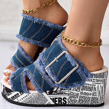 Load image into Gallery viewer, Women Shoes Summer Newspaper Buckled Denim Wedge Slippers Sandals