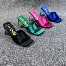 Load image into Gallery viewer, Xibeilove 20223 New Silk Green, Blue, Rose Red and Legendary Black,Women's Strange Style Transparent High Heels Slipper/Sandals Square Toe