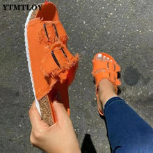 Load image into Gallery viewer, Summer European Style Casual Sandals Solid Color Canvas Buckle Belt Embellishment Denim Cork Soles Flat Slippers Women Slides Sandals Flip Flops