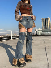 Load image into Gallery viewer, Y2K Style Distressed Denim Faux Fur Edged Mini Skirt With Matching Leg Warmer Long Socks Half Pants Outfit