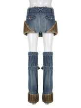 Load image into Gallery viewer, Y2K Style Distressed Denim Faux Fur Edged Mini Skirt With Matching Leg Warmer Long Socks Half Pants Outfit