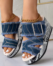 Load image into Gallery viewer, Women Shoes Summer Newspaper Buckled Denim Wedge Slippers Sandals