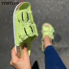 Load image into Gallery viewer, Summer European Style Casual Sandals Solid Color Canvas Buckle Belt Embellishment Denim Cork Soles Flat Slippers Women Slides Sandals Flip Flops