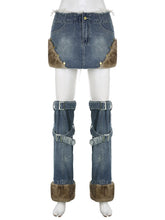 Load image into Gallery viewer, Y2K Style Distressed Denim Faux Fur Edged Mini Skirt With Matching Leg Warmer Long Socks Half Pants Outfit
