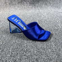 Load image into Gallery viewer, Xibeilove 20223 New Silk Green, Blue, Rose Red and Legendary Black,Women's Strange Style Transparent High Heels Slipper/Sandals Square Toe