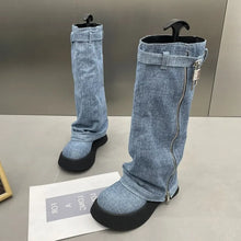 Load image into Gallery viewer, Autumn Chelsea Denim Boots Women's Flat Knee High Boots Zipper Casual  Zipper Snow Boots