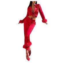 Load image into Gallery viewer, Feather Cuffed Two Piece Silky Loungewear 5 Colors Sizes S-XL