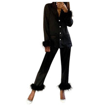 Load image into Gallery viewer, Feather Cuffed Two Piece Silky Loungewear 5 Colors Sizes S-XL