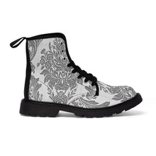 Load image into Gallery viewer, Womens Grey Damask Flower Canvas Boots, Sizes 6.5-11, Boho Chic, Combat Boots, Bohemian Boots, Ankle Boots, Casual Boots, Custom Boots