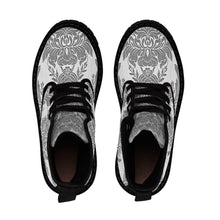 Load image into Gallery viewer, Womens Grey Damask Flower Canvas Boots, Sizes 6.5-11, Boho Chic, Combat Boots, Bohemian Boots, Ankle Boots, Casual Boots, Custom Boots