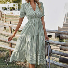 Load image into Gallery viewer, Striped High Waist V Neck Button Closure Summer Dress
