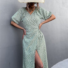 Load image into Gallery viewer, Retro V Neck Stone Flower Cross Split Dress