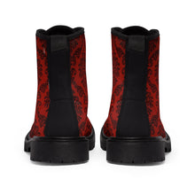 Load image into Gallery viewer, Women's Dark Red Damask Canvas Boots, Sizes 6.5-11, Combat Boots, Boho Chic Style Boots, Unique Fall Boots, Cool Ankle Boots