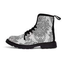Load image into Gallery viewer, Womens Grey Damask Flower Canvas Boots, Sizes 6.5-11, Boho Chic, Combat Boots, Bohemian Boots, Ankle Boots, Casual Boots, Custom Boots