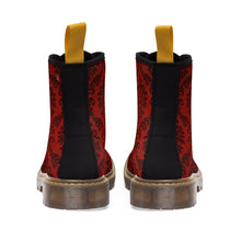 Load image into Gallery viewer, Women's Dark Red Damask Canvas Boots, Sizes 6.5-11, Combat Boots, Boho Chic Style Boots, Unique Fall Boots, Cool Ankle Boots