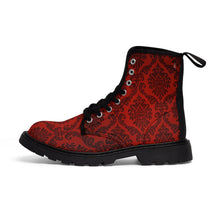 Load image into Gallery viewer, Women's Dark Red Damask Canvas Boots, Sizes 6.5-11, Combat Boots, Boho Chic Style Boots, Unique Fall Boots, Cool Ankle Boots