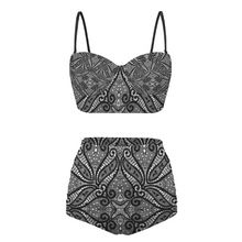 Load image into Gallery viewer, Black Lace Design High Waist Bikini Suspender Two Piece Swimsuit