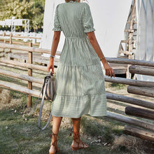 Load image into Gallery viewer, Striped High Waist V Neck Button Closure Summer Dress