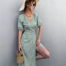 Load image into Gallery viewer, Retro V Neck Stone Flower Cross Split Dress