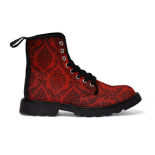 Load image into Gallery viewer, Women's Dark Red Damask Canvas Boots, Sizes 6.5-11, Combat Boots, Boho Chic Style Boots, Unique Fall Boots, Cool Ankle Boots