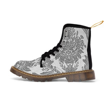 Load image into Gallery viewer, Womens Grey Damask Flower Canvas Boots, Sizes 6.5-11, Boho Chic, Combat Boots, Bohemian Boots, Ankle Boots, Casual Boots, Custom Boots