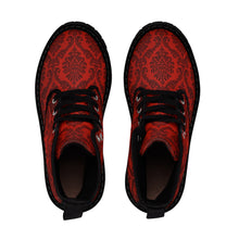 Load image into Gallery viewer, Women's Dark Red Damask Canvas Boots, Sizes 6.5-11, Combat Boots, Boho Chic Style Boots, Unique Fall Boots, Cool Ankle Boots