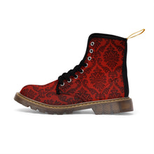 Load image into Gallery viewer, Women's Dark Red Damask Canvas Boots, Sizes 6.5-11, Combat Boots, Boho Chic Style Boots, Unique Fall Boots, Cool Ankle Boots