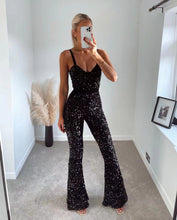 Load image into Gallery viewer, Black Sequins Suspenders Style Fitted Hip Flared Jumpsuit
