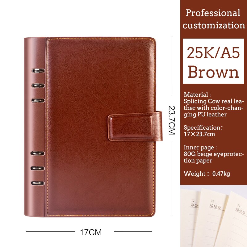 A5 A6 Business Black or Brown Leather Company Notebook Office Supplies 6 Ring Binder Journals Planner