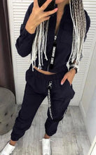 Load image into Gallery viewer, Long Sleeve Zipper Top &amp; Pants High Fashion Track Suit with Lanyard 2 Piece Set Yellow Black Army Green S-XL
