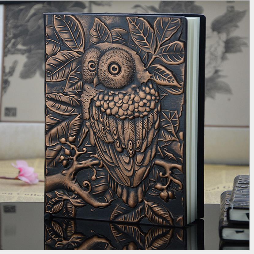 1PCS Vintage Thick Handmade Leather Carving Owl Notebook Journal Cute Sketchbook Paper Weekly Planner Accessories 01663